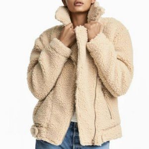 HM Faux Shearling Biker Moto Jacket in Beige Size 12